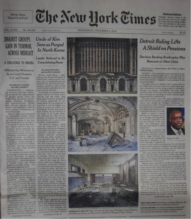 The December 4, 2013 front page of the New York Times, featuring three photos of abandoned sites by Yves Marchand and Romain Meffre.