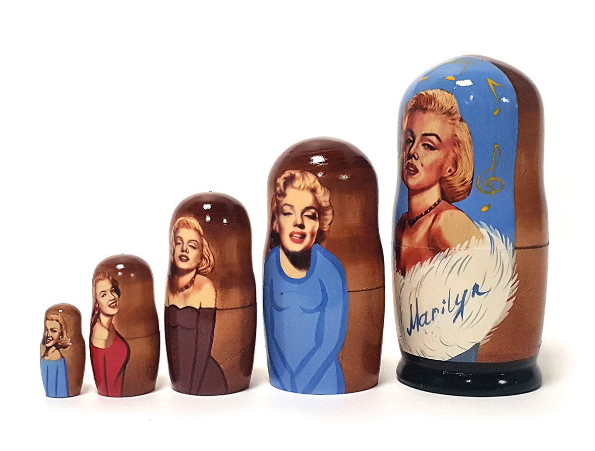 Nesting dolls depicting various blonde women celebrities